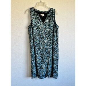 Loft Women's Blue Green Floral Sleeveless V Neck Shift Dress Lined Small